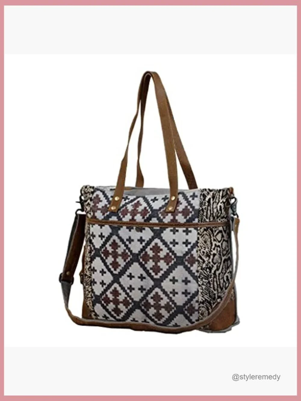 Upcycled Cotton & Leather Messenger Bag with Multiple Pockets & Adjustable Strap